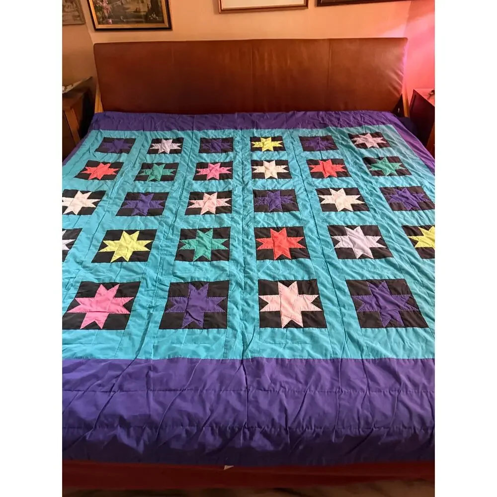 Vintage Handmade Patchwork Quilt King Size Hand Sewn Colorful Star Geometric